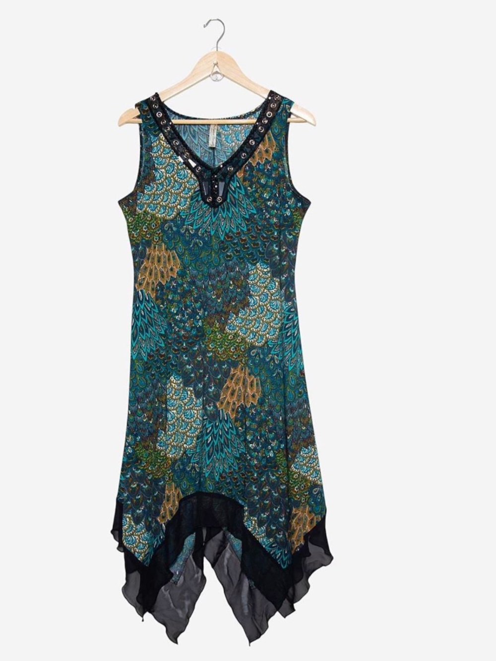 vintage y2k whimsigoth peacock print beaded asymmetrical hemline dress